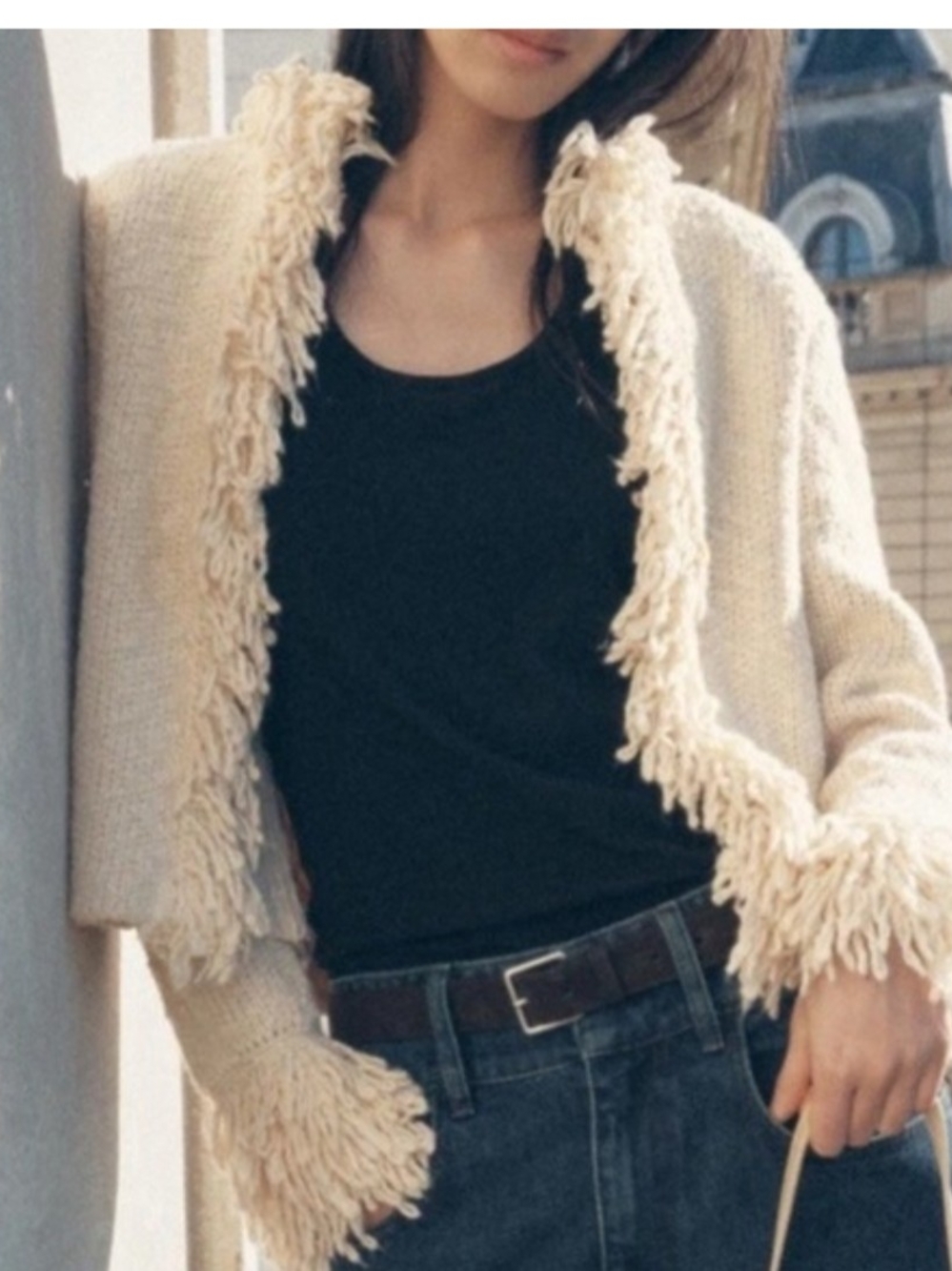 Zara Ecru (Ivory) Knit Cardigan Sweater Wool Cotton Blend Fringe